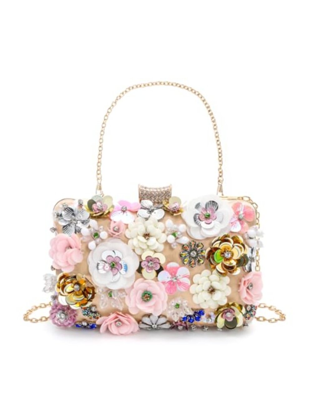 Floral Clutch Evening Bag Embroidered Beaded with Chain